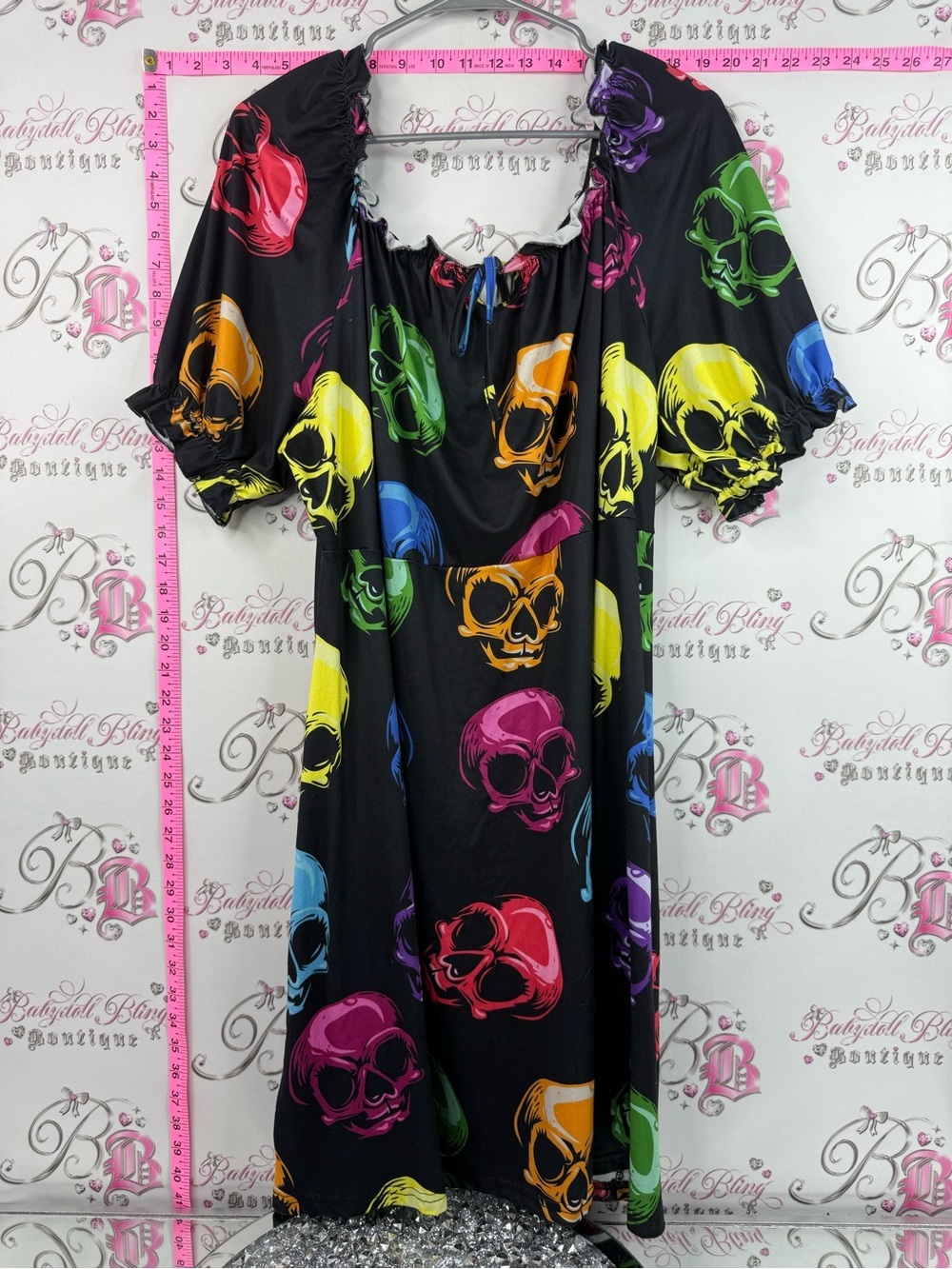 Skull dress milkmaid rainbow Midi Dress with Multicolor Skull Print - Black
